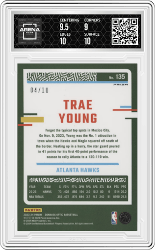 Trae Young from the 2023-24 Donruss Optic set featuring a Gold parallel graded by Arena Club and given an overall grade of 9.5.