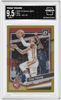 Trae Young from the 2023-24 Donruss Optic set featuring a Gold parallel graded by Arena Club and given an overall grade of 9.5.