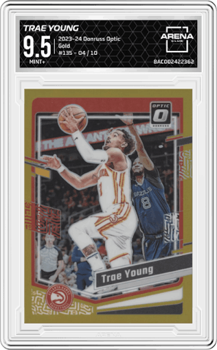 Trae Young from the 2023-24 Donruss Optic set featuring a Gold parallel graded by Arena Club and given an overall grade of 9.5.