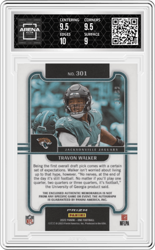 Travon Walker from the 2022 Panini One set graded by Arena Club and given an overall grade of 9.5.