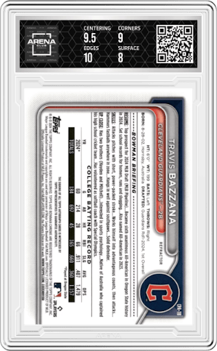 Travis Bazzana from the 2024 Bowman Draft set featuring a Refractor parallel graded by Arena Club and given an overall grade of 8.5.
