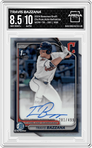 Travis Bazzana from the 2024 Bowman Draft set featuring a Refractor parallel graded by Arena Club and given an overall grade of 8.5.
