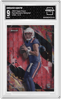 Drake Maye from the 2024 Finest set featuring a Red Geometric Refractor parallel graded by Arena Club and given an overall grade of 9.
