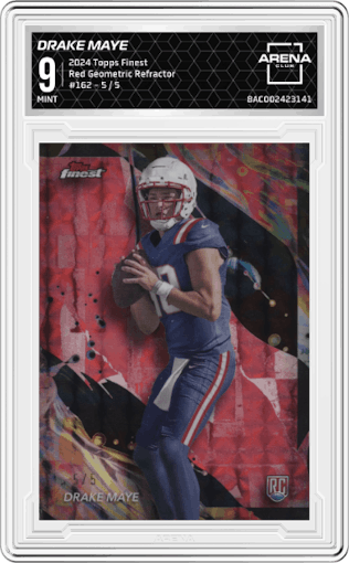 Drake Maye from the 2024 Finest set featuring a Red Geometric Refractor parallel graded by Arena Club and given an overall grade of 9.