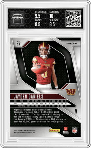 Jayden Daniels from the 2024 Panini Prizm set graded by Arena Club and given an overall grade of 9.