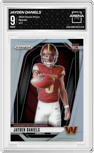 Jayden Daniels from the 2024 Panini Prizm set graded by Arena Club and given an overall grade of 9.