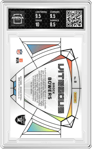 Brock Bowers from the 2024 Panini Obsidian set graded by Arena Club and given an overall grade of 9.