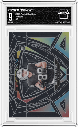 Brock Bowers from the 2024 Panini Obsidian set graded by Arena Club and given an overall grade of 9.