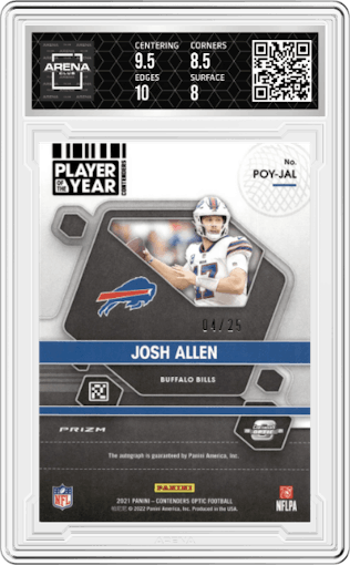 Josh Allen from the 2021 Panini Contenders Optic set graded by Arena Club and given an overall grade of 8.5.