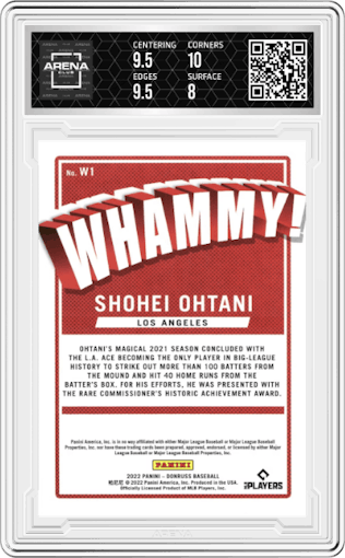 Shohei Ohtani from the 2022 Panini Donruss set graded by Arena Club and given an overall grade of 8.5.