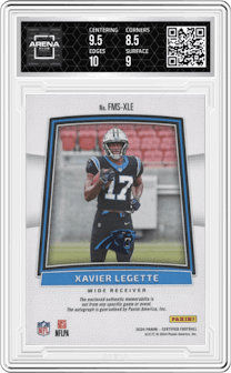 Xavier Legette from the 2024 Panini Certified set featuring a Purple Etch parallel graded by Arena Club and given an overall grade of 9.