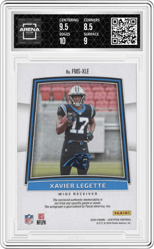 Xavier Legette from the 2024 Panini Certified set featuring a Purple Etch parallel graded by Arena Club and given an overall grade of 9.