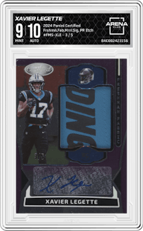 Xavier Legette from the 2024 Panini Certified set featuring a Purple Etch parallel graded by Arena Club and given an overall grade of 9.