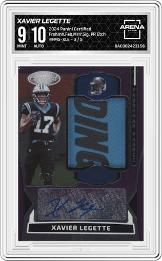 Xavier Legette from the 2024 Panini Certified set featuring a Purple Etch parallel graded by Arena Club and given an overall grade of 9.