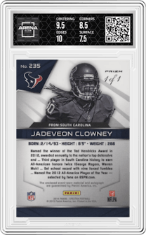 Jadeveon Clowney from the 2014 Panini Spectra set featuring a Black Prizm Laundry Tags Nike Swoosh parallel graded by Arena Club and given an overall grade of 8.