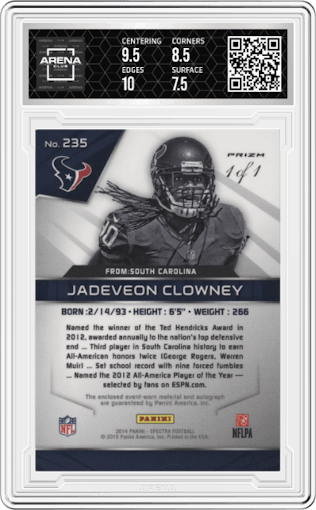 Jadeveon Clowney from the 2014 Panini Spectra set featuring a Black Prizm Laundry Tags Nike Swoosh parallel graded by Arena Club and given an overall grade of 8.