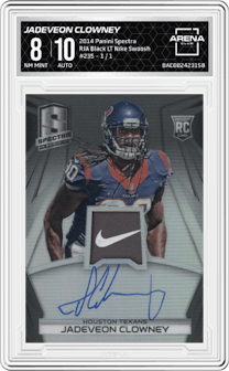 Jadeveon Clowney from the 2014 Panini Spectra set featuring a Black Prizm Laundry Tags Nike Swoosh parallel graded by Arena Club and given an overall grade of 8.