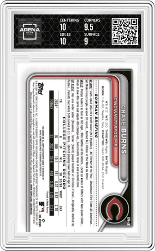 Chase Burns from the 2024 Bowman Draft set graded by Arena Club and given an overall grade of 9.5.