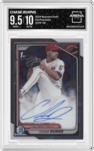 Chase Burns from the 2024 Bowman Draft set graded by Arena Club and given an overall grade of 9.5.