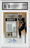 Zack Baun from the 2020 Panini Contenders Optic set featuring a Orange parallel graded by Arena Club and given an overall grade of 10.