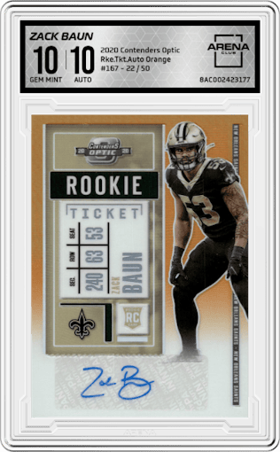 Zack Baun from the 2020 Panini Contenders Optic set featuring a Orange parallel graded by Arena Club and given an overall grade of 10.