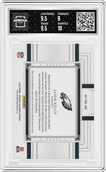 Jason Kelce from the 2023 Panini National Treasures set featuring a Holo Silver parallel graded by Arena Club and given an overall grade of 9.5.