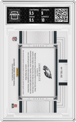 Jason Kelce from the 2023 Panini National Treasures set featuring a Holo Silver parallel graded by Arena Club and given an overall grade of 9.5.