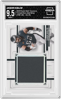 Jason Kelce from the 2023 Panini National Treasures set featuring a Holo Silver parallel graded by Arena Club and given an overall grade of 9.5.