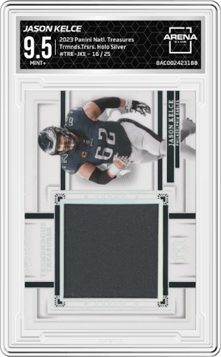 Jason Kelce from the 2023 Panini National Treasures set featuring a Holo Silver parallel graded by Arena Club and given an overall grade of 9.5.