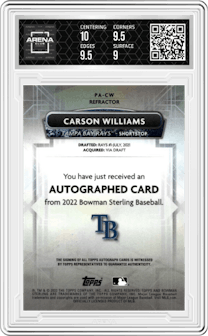 Carson Williams from the 2022 Bowman Sterling set featuring a Refractor parallel graded by Arena Club and given an overall grade of 9.5.