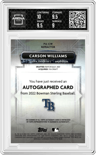 Carson Williams from the 2022 Bowman Sterling set featuring a Refractor parallel graded by Arena Club and given an overall grade of 9.5.