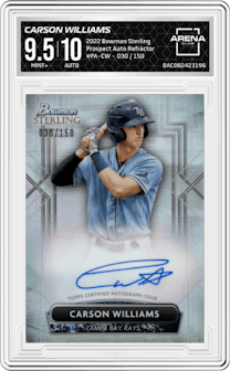 Carson Williams from the 2022 Bowman Sterling set featuring a Refractor parallel graded by Arena Club and given an overall grade of 9.5.