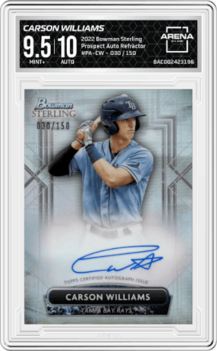 Carson Williams from the 2022 Bowman Sterling set featuring a Refractor parallel graded by Arena Club and given an overall grade of 9.5.