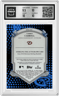 Corbin Carroll from the 2024 Bowman Sterling set featuring a Blue Refractor parallel graded by Arena Club and given an overall grade of 10.