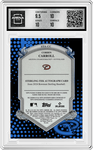 Corbin Carroll from the 2024 Bowman Sterling set featuring a Blue Refractor parallel graded by Arena Club and given an overall grade of 10.