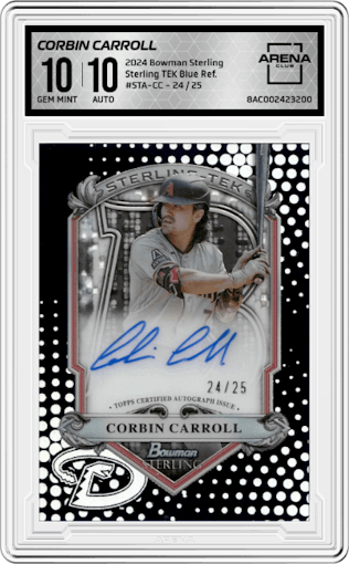 Corbin Carroll from the 2024 Bowman Sterling set featuring a Blue Refractor parallel graded by Arena Club and given an overall grade of 10.