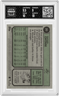 Shohei Ohtani from the 2023 Topps Heritage set graded by Arena Club and given an overall grade of 9.5.