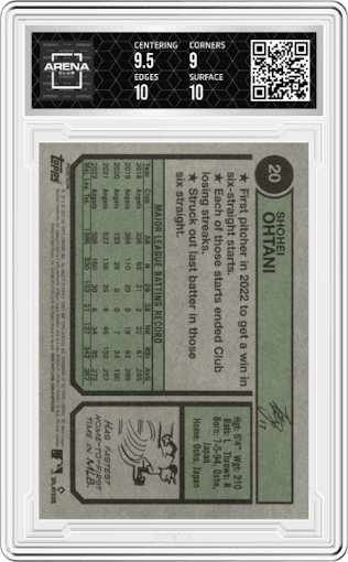 Shohei Ohtani from the 2023 Topps Heritage set graded by Arena Club and given an overall grade of 9.5.