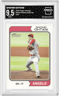 Shohei Ohtani from the 2023 Topps Heritage set graded by Arena Club and given an overall grade of 9.5.