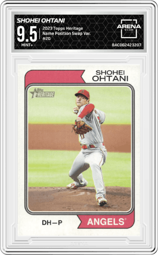 Shohei Ohtani from the 2023 Topps Heritage set graded by Arena Club and given an overall grade of 9.5.