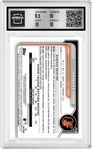 Emilio Sanchez  from the 2024 Bowman Chrome set featuring a Mini Diamond Refractor parallel graded by Arena Club and given an overall grade of 10.