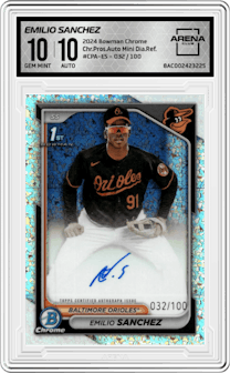Emilio Sanchez  from the 2024 Bowman Chrome set featuring a Mini Diamond Refractor parallel graded by Arena Club and given an overall grade of 10.