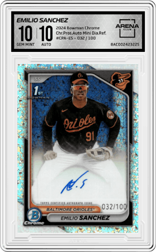Emilio Sanchez  from the 2024 Bowman Chrome set featuring a Mini Diamond Refractor parallel graded by Arena Club and given an overall grade of 10.