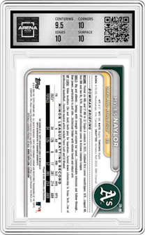 Myles Naylor from the 2024 Bowman Chrome set featuring a Green Lava Refractor parallel graded by Arena Club and given an overall grade of 10.
