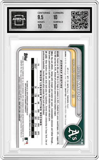 Myles Naylor from the 2024 Bowman Chrome set featuring a Green Lava Refractor parallel graded by Arena Club and given an overall grade of 10.