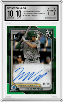 Myles Naylor from the 2024 Bowman Chrome set featuring a Green Lava Refractor parallel graded by Arena Club and given an overall grade of 10.