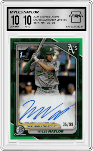 Myles Naylor from the 2024 Bowman Chrome set featuring a Green Lava Refractor parallel graded by Arena Club and given an overall grade of 10.