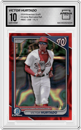 Victor Hurtado from the 2024 Bowman Draft set featuring a Red Lava Refractor parallel graded by Arena Club and given an overall grade of 10.
