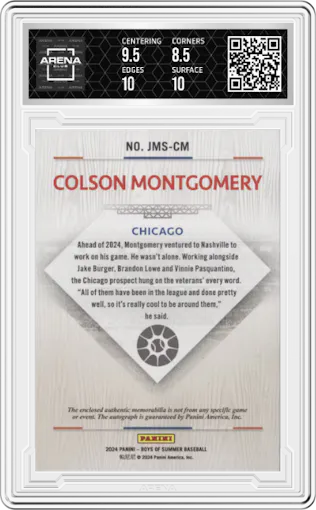 Colson Montgomery from the 2024 Panini Boys of Summer set featuring a Gold Holo parallel graded by Arena Club and given an overall grade of 9.