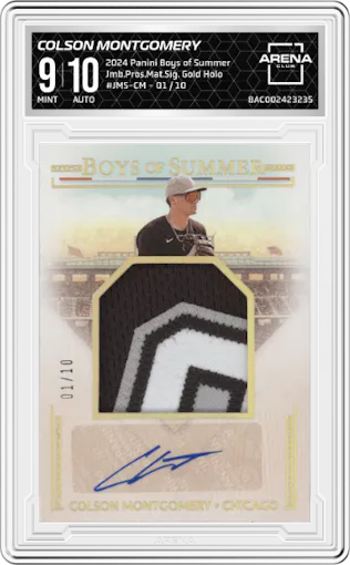 Colson Montgomery from the 2024 Panini Boys of Summer set featuring a Gold Holo parallel graded by Arena Club and given an overall grade of 9.